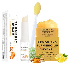 Turmeric Lemon Lip Scrub and Turmeric Lip Balm for Dark Lips to Lighten with Brush Set 3PCS Lips Scrubber Exfoliator for Lip Exfoliating, Softening & Hydration Lightens Lines and Color