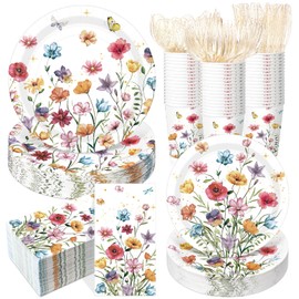 Sunnychicc 400 Pcs Wild Floral Disposable Paper Plates Napkins and Cups Watercolor Floral Tableware Set for Spring Wedding Tea Party Decoration Bridal Shower Baby Shower(Cute Color,Novel Style) | Sunnychicc