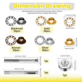 Mardatt 120 Sets 1/4” Rhinestone Eyelet Grommet Kit, Rhinestone Metal Grommet Rhinestone Eyelet Fittings Eyelet Grommets Kit with Washer, Hole Punch for Clothing Shoe (Gold/Silver/Black/Bronze)