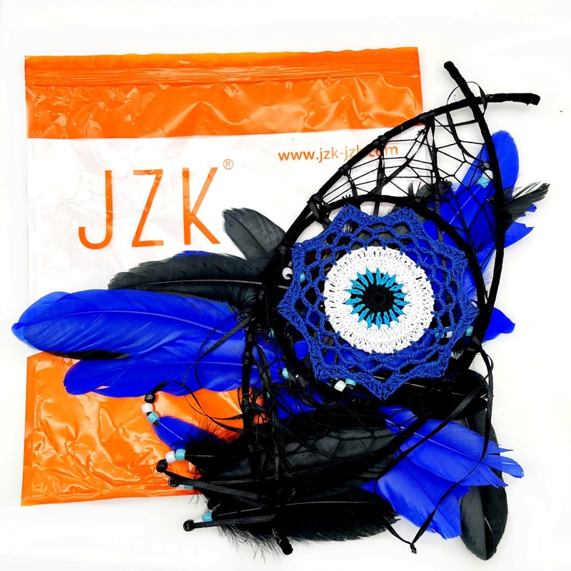 JZK Evil Eye black dream catcher, blue feather dream catcher