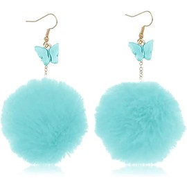 Earrings for Women,Cute Plush Ball Earrings Butterfly Pom Pom Dangle Drop Earrings Faux Fur Ball Fluffy Earrings Winter Jewelry (Blue, One size)