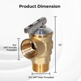 FOGATTI 3/4" NPT 150PSI Safety Relief Pressure Release Valve, 2-Port, Max Heater Input 205,000BTU/HR, Brass Plumbing Fitting, ANSI Z21.22