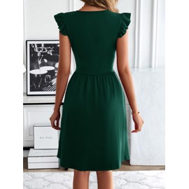 HELYO Women's Summer Dresses 2025 Cute V Neck Ruffle Sleeve Beach Wedding Guest Cocktail Short Work Casual Dress with Pockets 648 Dark Green L