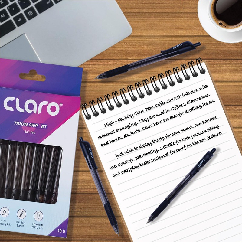 CLARO Trion Grip RT Retractable Ballpoint Pens, BLACK, Fine Point