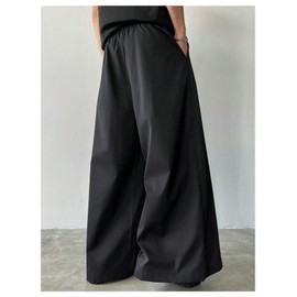 OYOANGLE Men's Baggy Wide Leg Pants Zipper Fly Pleated Trousers Business Casual Dress Pants with Pocket Black X-Large