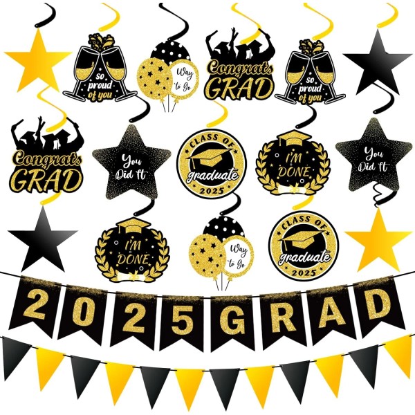 Yunfan 34Pcs Graduation Decorations 2025 Pre-Assembled Hanging Swirls 2025 Black