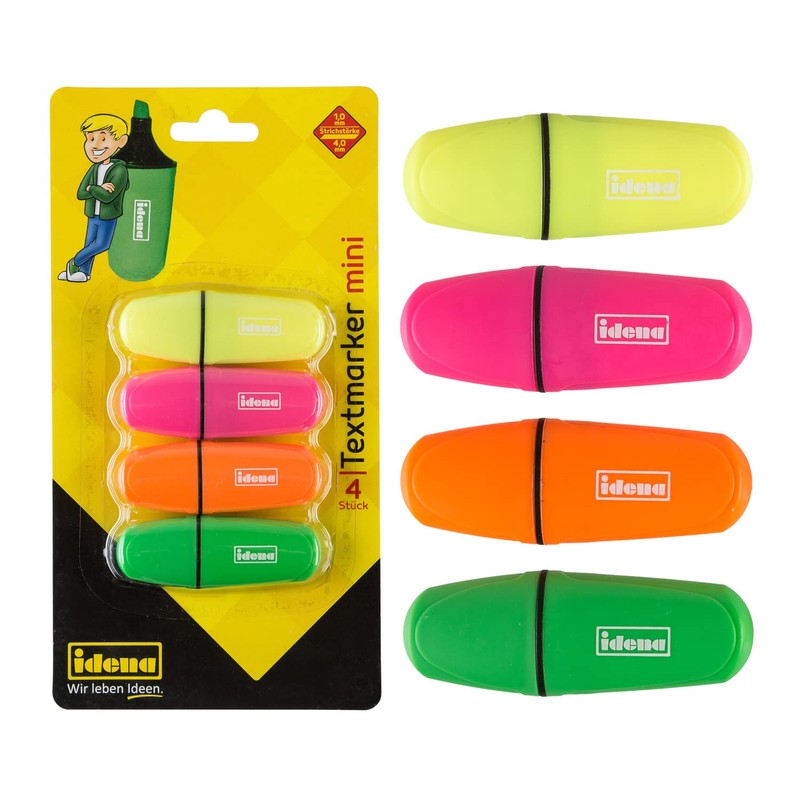 Idena 12081 Mini Highlighter in 4 Colours, Yellow, Pink, Orange
