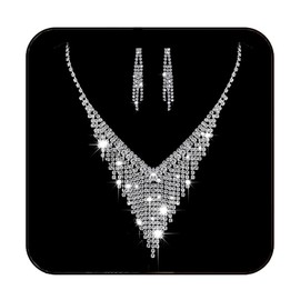 JAKAWIN Rhinestone Bride Wedding Jewelry Set Silver Sparkly Bridesmaid Necklace and Earrings Set Formal Crystal Prom Costume Necklaces for Women, 15.7 IN, Metal, No Gemstone