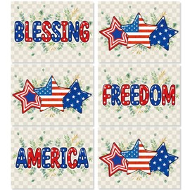 4th of July Placemats Set of 6 Patriotic American Flag Stars Plastic Placemats Eucalyptus Memorial Day Table Mats for Independence Day Kitchen Dining Party Table Decor Wipeable 17 x 13Inch