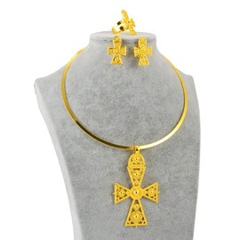 N-Made Beautifull Ethiopian Jewelry for Women Set - African Jewelry Sets for Women - Ethiopian Big Cross Jewelry Sets Chokers Pendant Earrings Ring Gold Color African Eritrea Traditional Wedding