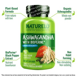 NATURELO NATURELO Ashwagandha Organic Root Powder - Natural Herbs Supplement for Fatigue, Stress Relief, Mood Enhancer - with Black Pepper Extract - 90 Vegan Capsules