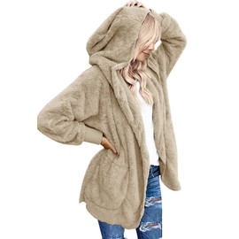 Yanekop Womens Fuzzy Fleece Jacket Open Front Hooded Cardigan Sherpa Outerwear Warm Coats with Pockets(A Khaki,L)