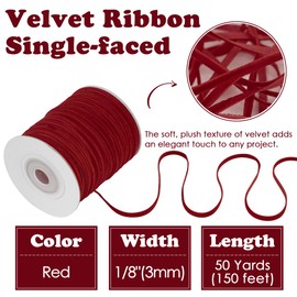 HUIHUANG Red Velvet Ribbon 1/8 inch x 50 Yards Thin Velvet Ribbon Single Face Vintage Red Ribbon for Gift Wrapping, Christmas Ornaments, Wedding Invitations, DIY Crafts, Tag Decoration