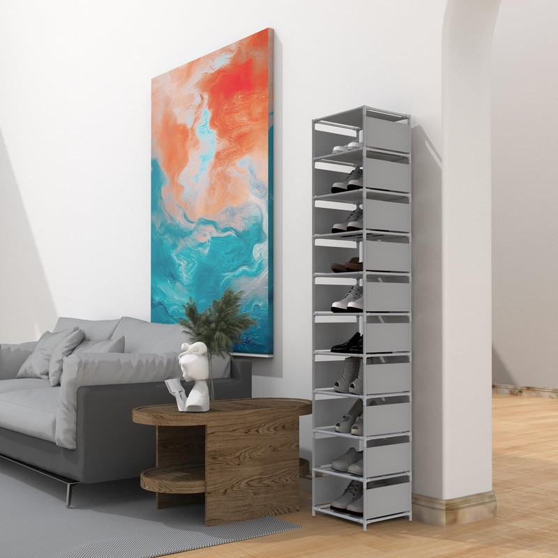isightguard Vertical Shoe Rack, 10 Tier Grey Narrow Shoe Organizer