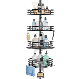 Consumest Corner Shower Caddy Tension Pole - Rustproof Shower Shelves with Towel Bar & Soap Holder, Adjustable Bath Organizer for Bathroom Storage, 27.6-108.3 inch, Black