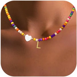 ECOOLOC Colorful Beaded Initial Necklaces for Women Girls Gifts, Gold Plated Letter Choker Necklace for Mother's Day Gift from Daughter Son