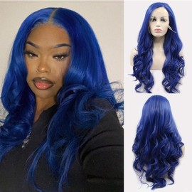 Angle Lucky Blue lace Front Wig Long Wavy Dark Blue Middle Part Wig Pre Plucked Synthetic Replacement Hair Heat Resistant Fiber Daily Makeup Wigs for Women 24 Inch