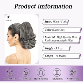 LuxeHair 11” Classic Loose Curly Claw Clip In Ponytail Extension, Short Curly Wavy Claw Clip On Ponytails Hair Extensions Hairpieces for Women- Gray