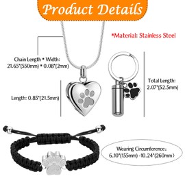 Cupimatch Pet Cremation Jewelry Set: 3 Pcs Stainless Steel Heart Pet Cats Dogs Urn Necklace Adjustable Paw Bracelet Memorial Ashes Keychain with Filling Kit