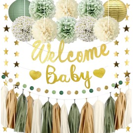 Baby Shower Decorations Neutral Sage Green Balloons Welcome Baby Banner, Paper Lanterns, Pom Poms Flowers Tassels, Circle Dots Star Garland, Neutral Gender Reveal Birthday Party Supplies