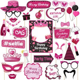 30 Pcs Pink Girls Birthday Photo Booth Props Kit - Hot Pink Princess Birthday Party Decoration Set with Real Glitter Cute Designs for Her, Funny Selfie Photo Booth Props for Kids Girls Any Bday Party
