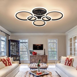 Shine LUEST 6 Rings Black Modern LED Ceiling Light Fixture, Flush Mount Ceiling Light with Remote Dimmable Brightness, Adjustable 3000-6000K Color Temperature, Timer for Living Room, Bedroom