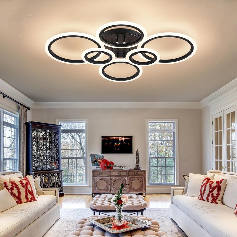 Shine LUEST 6 Rings Black Modern LED Ceiling Light Fixture,