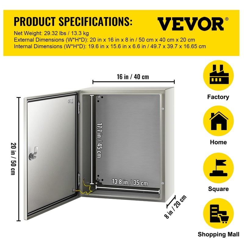 VEVOR NEMA Steel Enclosure, 20 x 16 x 8'' NEMA