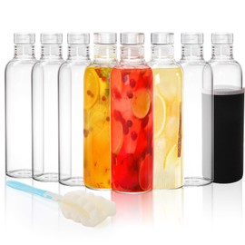 Acshio 8 Pack Glass Water Bottles with Lids, 16 Oz Clear Glass Juice Bottles with Protective Sleeve Brush, Leak Proof Reusable Refillable Bottles Empty Container for Juice, Milk, Coke, Sodas