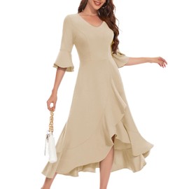 HomRain Formal Dresses for Women 2025 V-Neck Elegant Cocktail Dress Casual 3/4 Sleeve Ruffle Wedding for Bride Evening Party Champagne 2XL