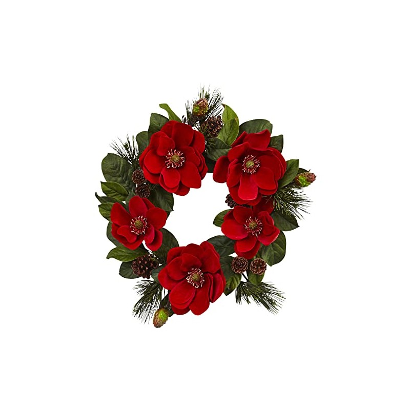 Nearly Natural 24in. Red Magnolia & Pine Wreath