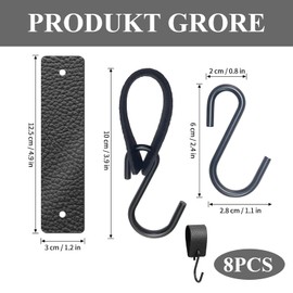 SNONESIY Pack of 8 S-Hooks Black with Leather Loop 10.5 cm Hooks for Clothes Rail S Hooks Multifunctional Metal Hooks for Wardrobe Hooks Clothes Rail Suitable for Wardrobe, Kitchen, Bathroom