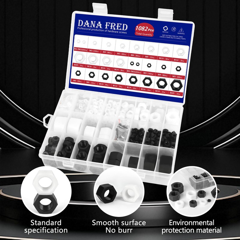 M2-M20 Black White Nylon Hex Nut Assortment Kit Metric Thread