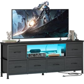 Lulive TV Stand for Bedroom, LED Rustic Brown Dresser for Living Room with 6 Fabric Drawers, 55in TV Stand with Power Outlet, Entertainment Center with Open Shelf