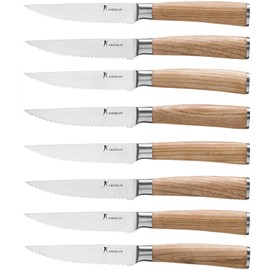 kangdelun Natura Series 4.5” Serrated Steak Knife Set of 8, High Carbon Stainless Steel, Wooden Handle