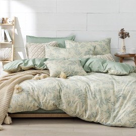 LEMIROE Botanical Cotton Comforter Queen Size - Dusty Green Comforter Printed with Luxrious Bluish-Grey Ferns on Beige,Reversible Lightweight Bedding Sets 3Pcs(90"×90")