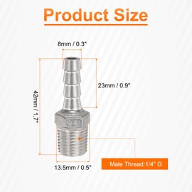 sourcing map 2pcs Stainless Steel Hose Barb Fitting 0.3" (8mm) Barbed x g 1/4" Male Pipe Fitting Air Hose Barb Fittings Coupler Thread Connector Adapter for Water Fuel