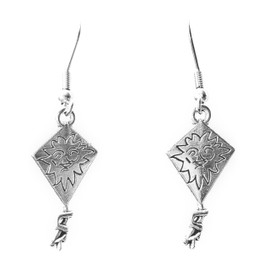 Flying Kite - 25x13mm - Silver alloy charm dangle earrings. Hypoallergenic fishhooks, ball post or clip-on backing options
