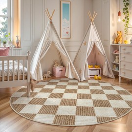 LIVEBOX Checkered Round Rug 6 Ft Washable Area Rug for Playroom, Kids Non-Slip Neutral Classic Circle Rug Geometric Large Carpet Soft Boys Rug for Classroom Dorm Bedroom(Brown,180R)