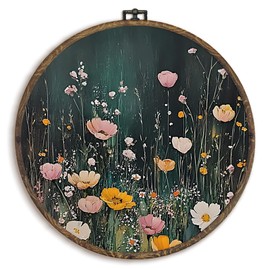 KFXHANGD Vintage Dark Green Wildflower Round Wall Art Framed, Botanical Flower Aesthetic Canvas Wall Art Decor, Cottagecore Farmhouse Floral Hanging Decor for Living Room Bedroom, 10x10inch