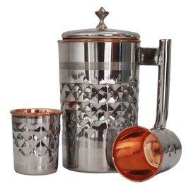 Stainless Steel and Pure Copper Water Pitcher with 2 Matching Tumblers for Ayurveda Health Benefits (57.48 fl. Oz.) (Diamond Pattern)