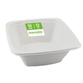 Responsible Products 32 oz Square Bowls, Tree-Less™ Compostable Molded Fiber Bowls, Extra Strength, Tree-Free and Made Without PFAS, White (50 Count)