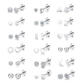 Vegolita 18Pairs 20G Stainless Steel Tiny Stud Earrings for Women Cartilage Helix Earrings Ball Star CZ Earrings 20G Sliver