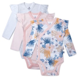 HonestBaby baby-girls 3 Pack Long Sleeve Side Snap Ruffle Shoulder Bodysuit 100% Organic Cotton for Infant Baby and Toddler Girls, Maui Floral, Newborn