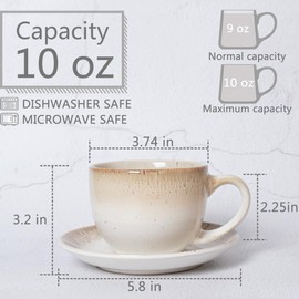 Bosmarlin Ceramic Cappuccino Cup and Saucer Set of 2, 10 Oz, Dishwasher and Microwave Safe, Coffee Cups for Latte, Espresso, Tea, Reavtive Glaze (Brown)