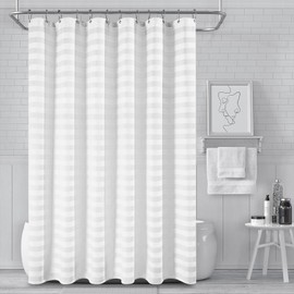PANGSINNE White Shower Curtain for Bathroom 84 Inches Long, Stripes Woven Heavy Duty Extra Long Shower Curtains, Waterproof 230GSM Weighted Beige Shower Curtains with 12 Metal Hooks, 72Wx84H