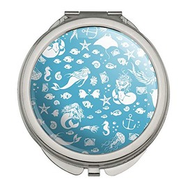 Blue Mermaid Pattern with Seashells Fish Manta Rays Ocean Compact Travel Purse Handbag Makeup Mirror