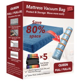 MEIQIHOME Queen/Full/Full-XL Mattress Vacuum Bag for Moving and Storage, Vacuum Seal Compression Bag for Queen and Full Size Mattresses, Heavy Duty Mattress Bag for Storage, with Sealing Clip and 5 Straps