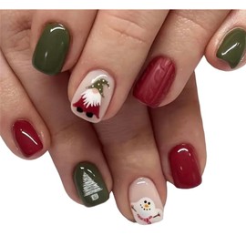 24 Christmas False Nails - Press on XMAS Nails - Red, White, Green Fake Nails with Gonk, Tree & Snowman Designs - includes Gel Stickers and Nail Glue XMAS02