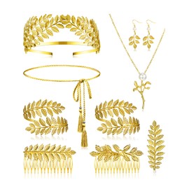 Xinnun 9 Pcs Greek Goddess Costume Accessories Toga Belt Leaves Crown Bracelet Headpiece Earrings Necklace for Women Bridal(Classic)